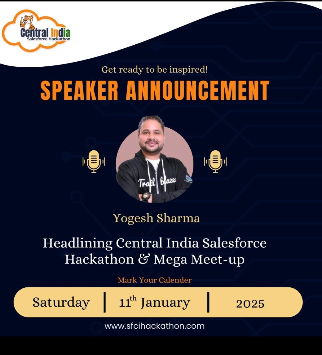yogesh sharma (He/Him) (@yogeshsfdc) on Twitter photo 🌟 Exciting Start to the New Year! 🌟
I'm thrilled to kick off 2025 by speaking at the <a href="/sfcihackathon/">Central India Salesforce Hackathon</a> event in Nagpur on January 11th! 🚀
💡 Don't miss out on this chance to learn, network, and grow your expertise. Let's explore the future of data and cloud technologies together! 🌟 Exciting Start to the New Year! 🌟
I'm thrilled to kick off 2025 by speaking at the <a href="/sfcihackathon/">Central India Salesforce Hackathon</a> event in Nagpur on January 11th! 🚀
💡 Don't miss out on this chance to learn, network, and grow your expertise. Let's explore the future of data and cloud technologies together!