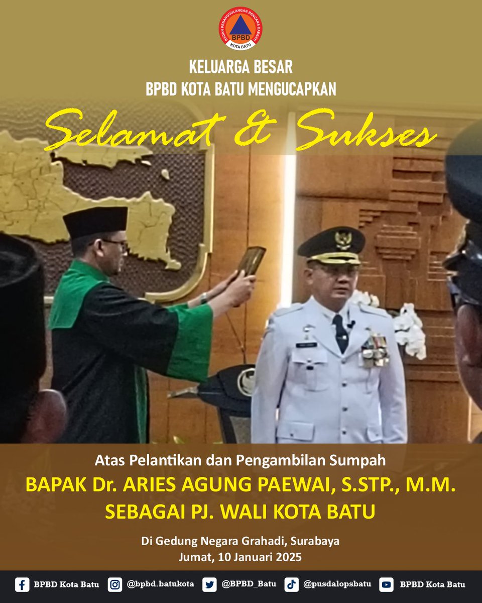 Selamat atas pelantikan dan pengambilan sumpah Bapak Dr. Aries Agung Paewai, S.STP., M.M. sebagai Pj. Wali Kota Batu. Semoga dapat menjalankan tugas dengan bijaksana, membawa kemajuan, dan mewujudkan kemakmuran dan kesejahteraan seluruh masyarakat Kota Batu. #salamtangguh