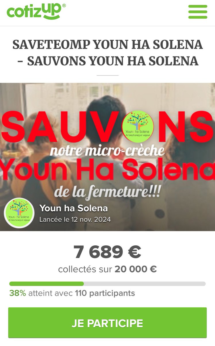 ⚠️ #SantErvlan / #SaintHerblain 

La cagnotte pour soutenir la crèche brittophone Youn ha Solena continue et avance bien ! ⤵️
cotizup.com/sauvons-younha…

Mont a ra war-raok ar c'houlzad arc'hantaouiñ evit reiñ un dazont d'ar vagouri Youn ha Solena ! ⤵️
cotizup.com/sauvons-younha…

#BZHG