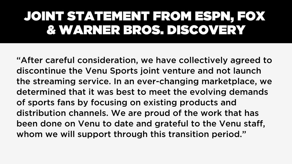 Venu Sports, the proposed virtual MVPD service from ESPN, FOX &amp; Warner Bros. Discovery, will be discontinued

The collective decision by the three companies not to move forward with the contemplated joint venture is effective immediately

More: bit.ly/40p4t4O