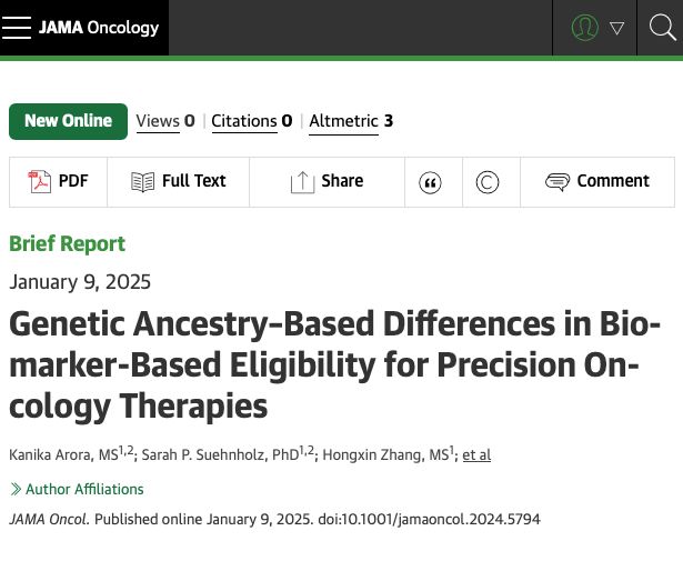 Genetic Ancestry–Based Differences in Biomarker-Based Eligibility for Precision Oncology Therapies Out on JAMA Oncology

buff.ly/3C4yc9I 

This study investigates the impact of precision oncology therapies on patients with cancer from different ancestral backgrounds,