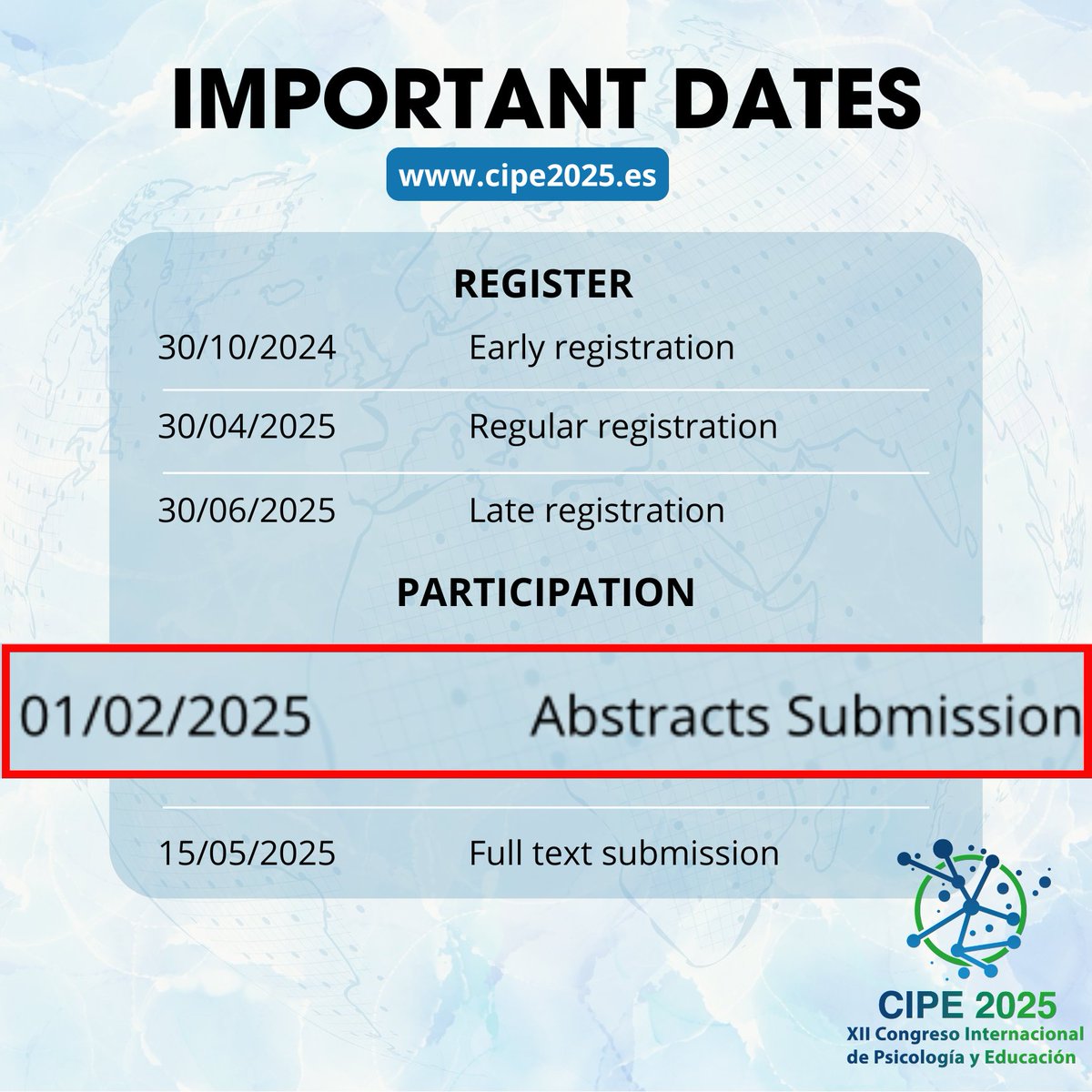 ¡Última llamada para participar en el CIPE 2025!

La fecha límite de envío de abstracts es el 1 de febrero de 2025.

No pierdas la oportunidad de formar parte de este congreso y envía tu abstract a tiempo. 

cipe2025.es