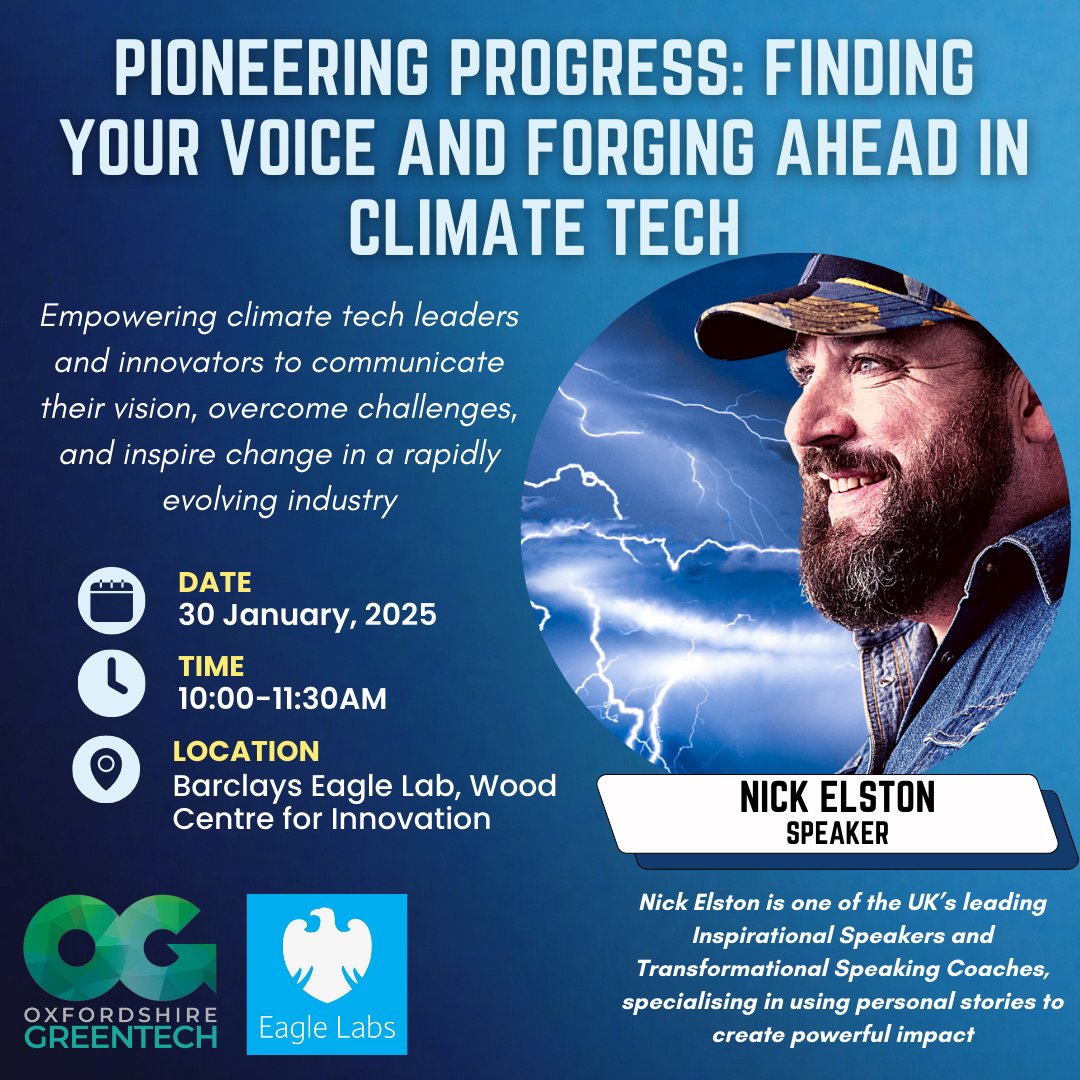Pioneering Progress: Finding Your Voice and Forging Ahead in Climate Tech

🗓️ Thursday 30th January
⏰ 10:00-11:30
📍 Barclays Eagle Labs, Wood Centre for Innovation, Oxford

Learn more and reserve your place now: eventbrite.co.uk/e/pioneering-p…