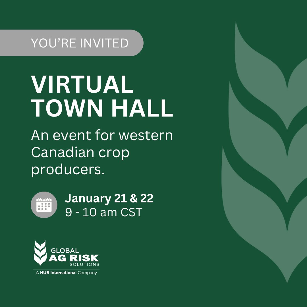 GlobalAgRisk's tweet image. Western Canadian crop producers, join us Jan 21 or 22 (9-10 am CST) for Global Ag Risk Solutions’ Virtual Town Hall! Learn about program updates, crop insurance &amp;amp; tools for growth. RSVP to mark@agrisksolutions.ca. 
#CropInsurance #AgriBusiness #CdnAg