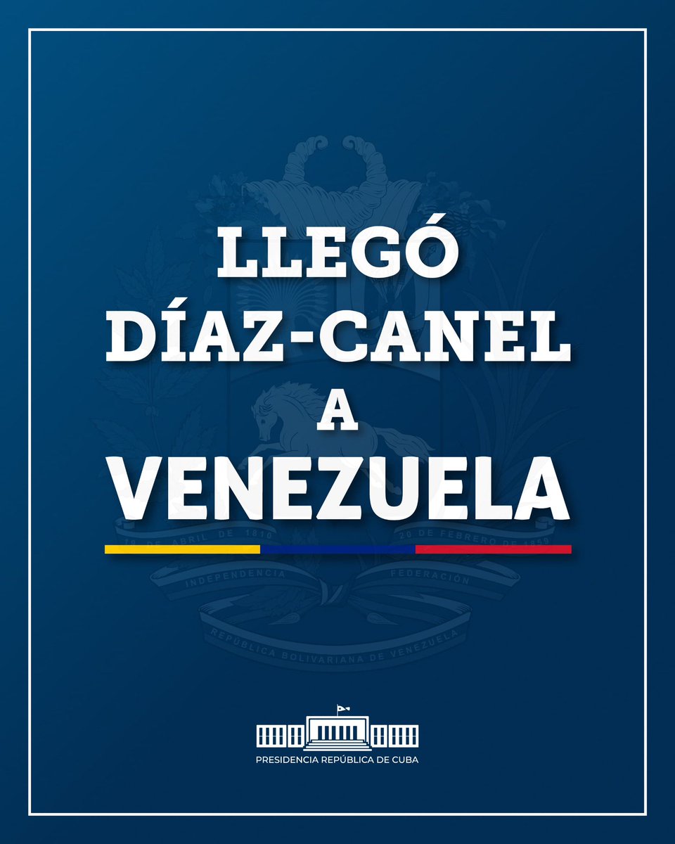 🇨🇺| El Presidente de la República de #Cuba, <a href="/DiazCanelB/">Miguel Díaz-Canel Bermúdez</a>, llegó esta mañana a Caracas, para asistir a la ceremonia de juramentación del Presidente Nicolás Maduro, legítimamente reelecto por el pueblo venezolano el pasado 28 de julio.

#CubaConVenezuela 🇨🇺🇻🇪