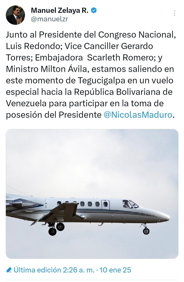 Expresidente <a href="/manuelzr/">Manuel Zelaya R.</a> viaja a Venezuela para asistir a la toma de posesión de <a href="/NicolasMaduro/">Nicolás Maduro</a>