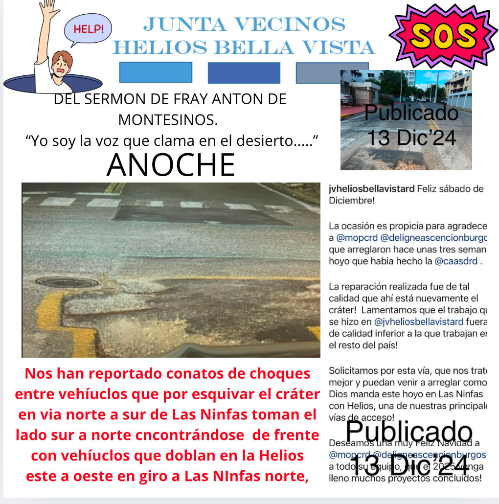 Señor ten piedad! 
Que alguien se apiade de quienes transitan por Las Ninfas y pueda mandar a tapar el cráter que se comenzó a generar a penas tres semanas después haber sido tapado por equipo de ⁦<a href="/MOPCRD/">Ministerio de Obras Públicas RD</a>⁩ ⁦<a href="/DeligneAB/">Deligne Ascención</a>⁩ , no hay alguna garantía de la calidad trabajo?