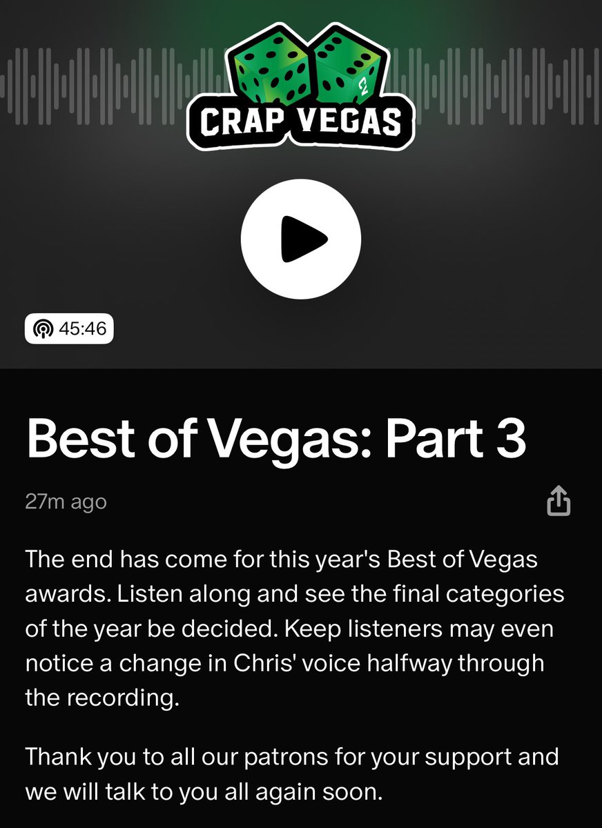 Yes! I have been eagerly awaiting this last chapter in the Best Of Vegas episodes from <a href="/CrapVegas/">Crap Vegas</a> on their Patreon! About to give it a listen!
