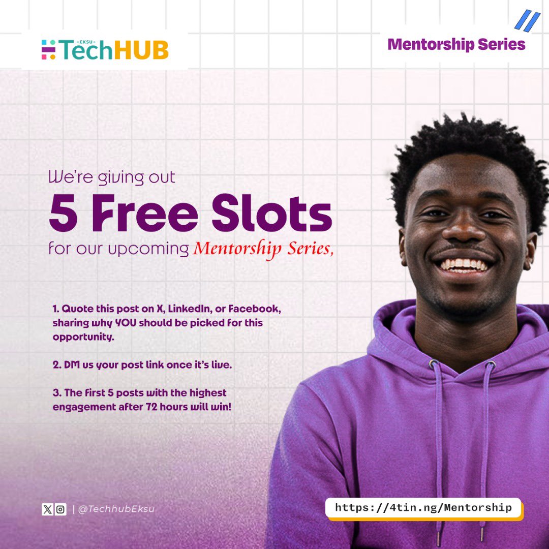 🎉 Exciting News from TechHub EKSU! 🎉

We’re giving out 5 FREE slots for our upcoming mentorship program! Here’s how you can secure your spot: