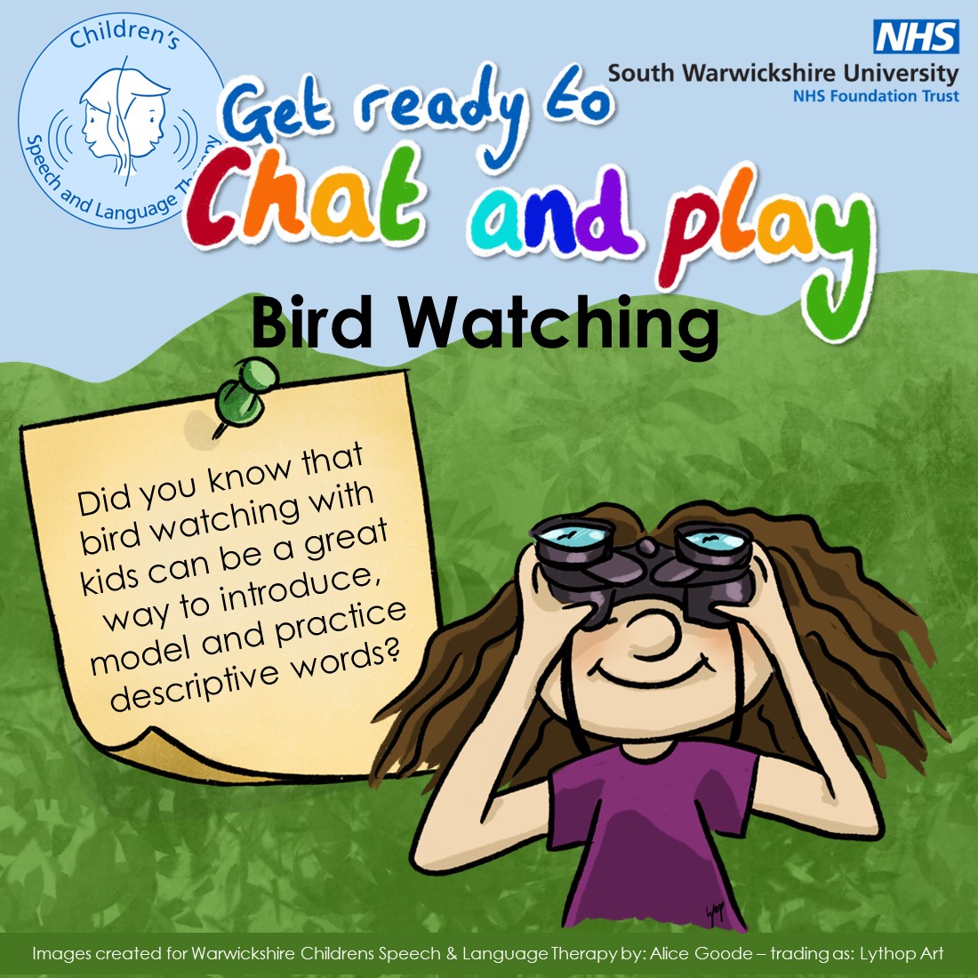 WarwickshireSLT's tweet image. It&apos;s chat and play Friday and this week also marks the start of the RSPCA&apos;s - Big Garden Birdwatch.
Have a look at the images to see how you can use bird watching to support your children with their communication.

#SLCN @nhsswft  @Natures_Voice  @RCSLT