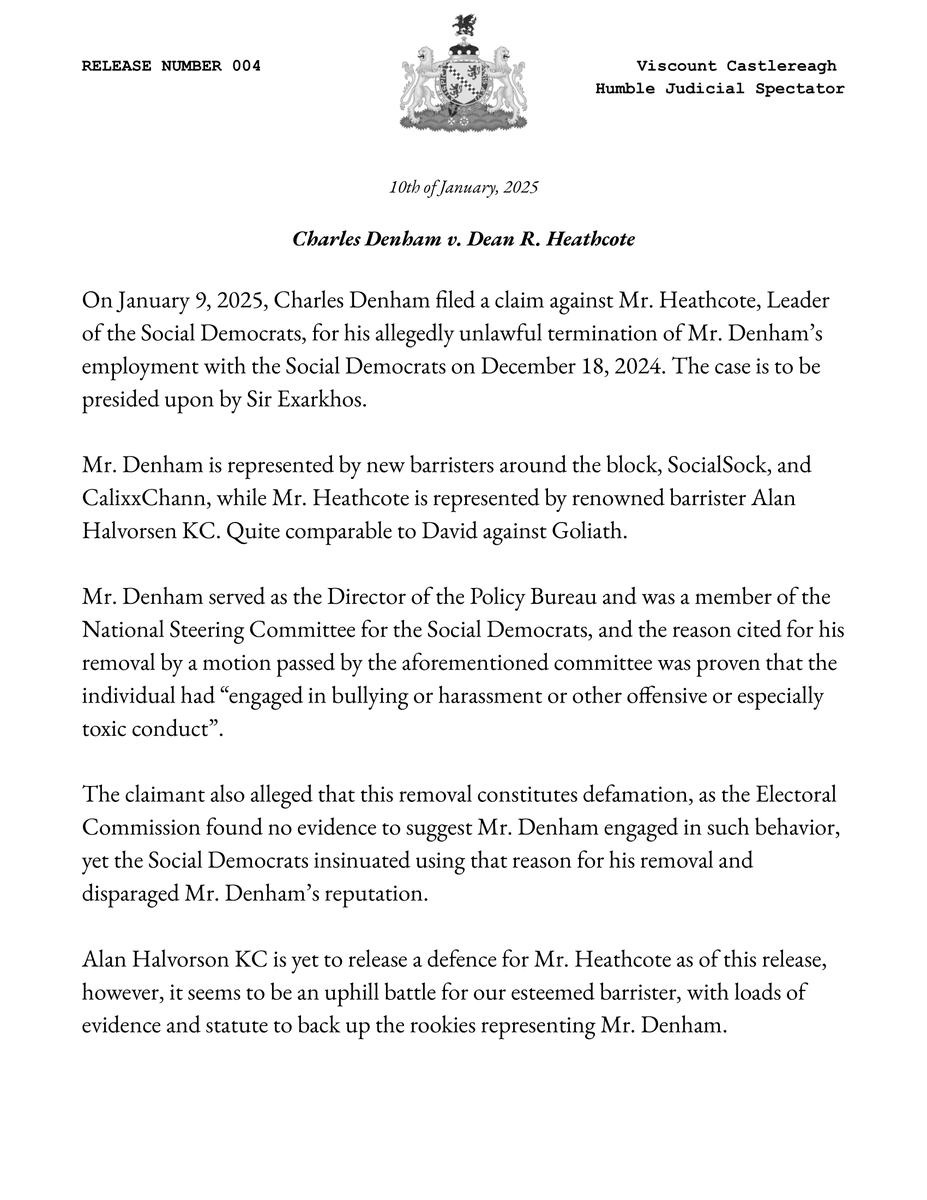 SPECIAL INTERVIEW WITH LORD CHIEF JUSTICE

DODGY DEAN OR DODGY DENHAM? ONLY THE LORD KNOWS. 

Viscount Castlereagh, your humble judicial spectator. 

Attached is the Claims Brief and Disclosure drive.google.com/file/d/1pvqo6u… drive.google.com/file/d/11oTi6_…