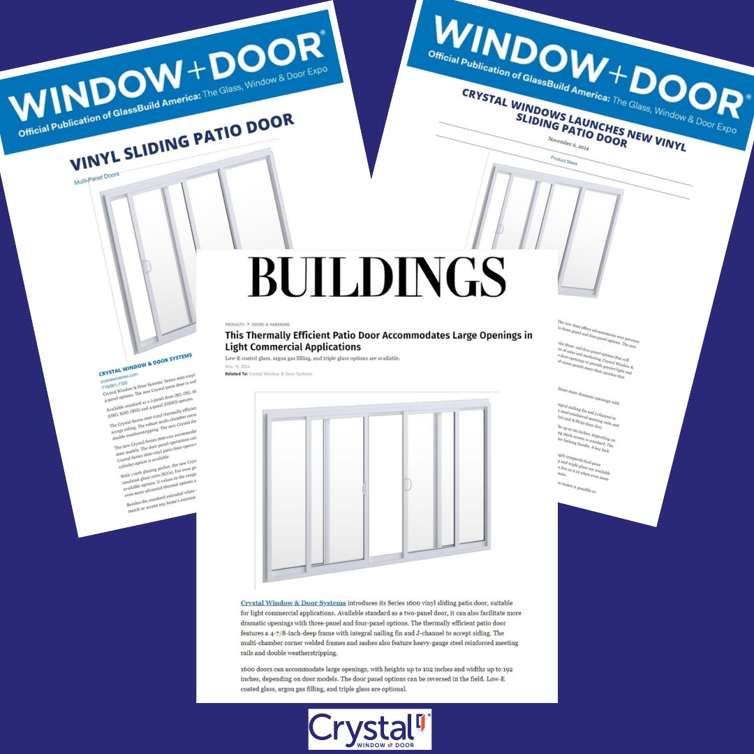 CrystalWindowCA's tweet image. The new Crystal Series 1600 Vinyl Patio Door has been making waves in the trade press. 📰

Discover why it’s turning heads—visit the link in our bio for all the details! 📲

#CrystalWindows