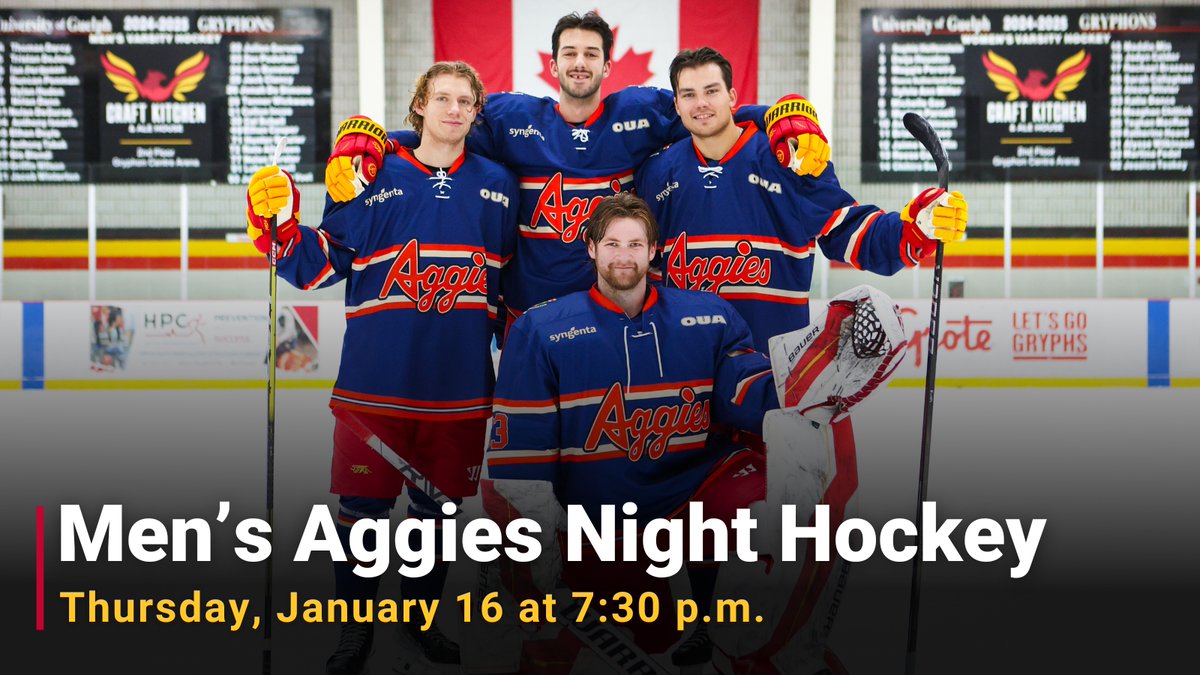 Mark your calendars! The Men’s Aggies Night Hockey Game, presented by Syngenta, is taking over the Gryphon Centre Arena on Thursday, January 16th!
 
🗓️ Thurs, Jan. 16
⏰ 7:30pm
📍 Gryphon Centre Arena 
📺 oua.tv
 
Secure your ticket: uoguel.ph/nq79h