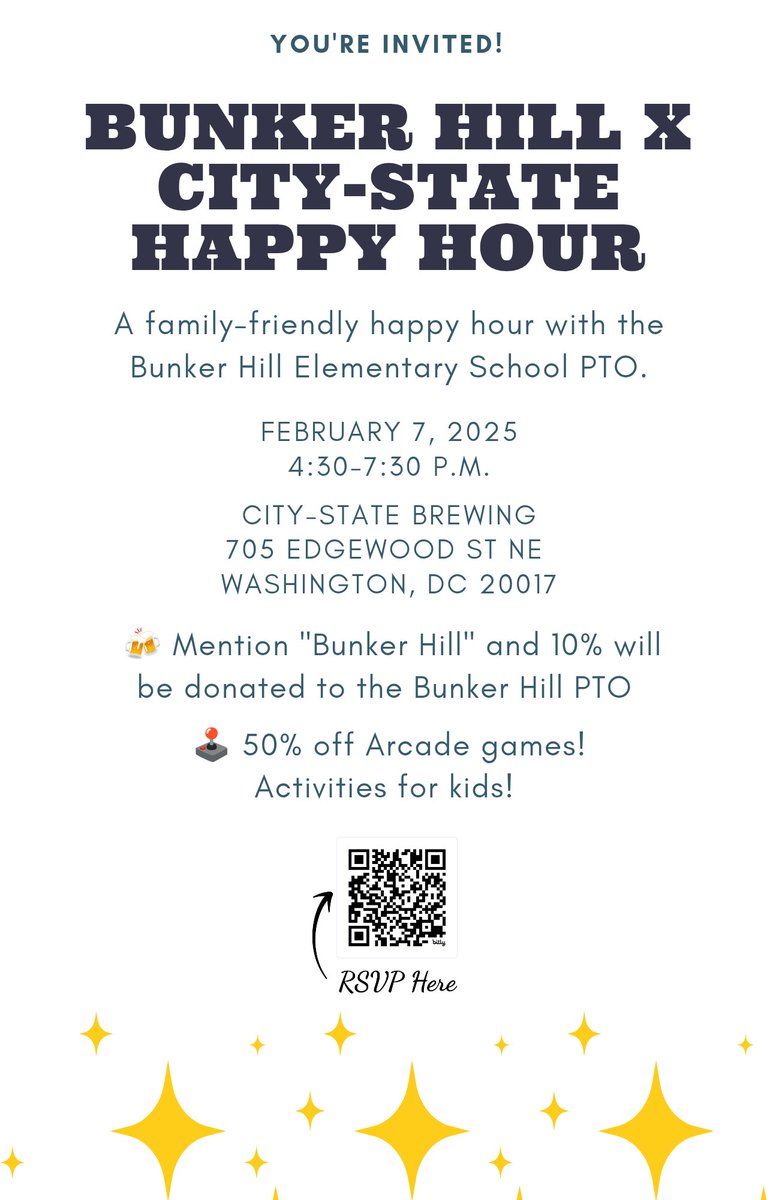 Join us at <a href="/citystatebeer/">City-State Public House</a> on Feb. 7 from 4:30-7:30 p.m. to support the Bunker Hill PTO!

🍻 Mention "Bunker Hill" when you start your tab and 10% will be donated! 

🕹️Bonus? Arcade games are 1/2 price during our event (skeeball is a fan favorite!) 

RSVP: docs.google.com/forms/d/e/1FAI…