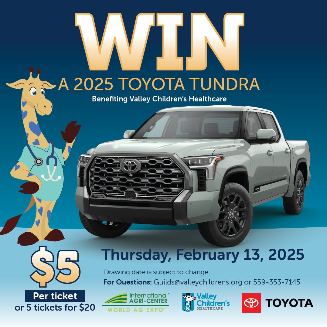 World Ag Expo and Toyota are teaming up once again for the 2025 World Ag Expo Toyota Tundra Giveaway! Tickets are just $5 and can be purchased at participating Central Valley Toyota Dealers, by calling the Guild Office, or by visiting the Toyota Exhibit.