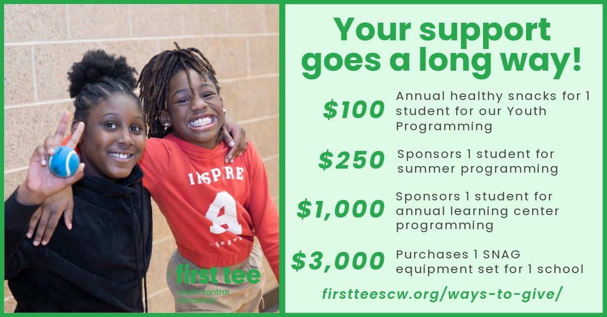 FirstTeeSCW's tweet image. By giving early in the year, you can help us in our planning as we assist the youth of our community. $100 will provide one youth with a year of healthy snacks, and $1,000 provides a year of Learning Center Services to one community youth!

Learn more: firstteescw.org/ways-to-giv