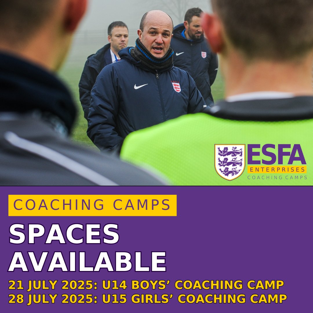 📣Coaching Camps 2025 - Spaces Available!

We're delighted to announce that we're able to accommodate some additional places on our Summer Coaching Camps! Head over to esfaenterprises.com for full info &amp; to register your child this summer!☀️

🟣🟡⚪