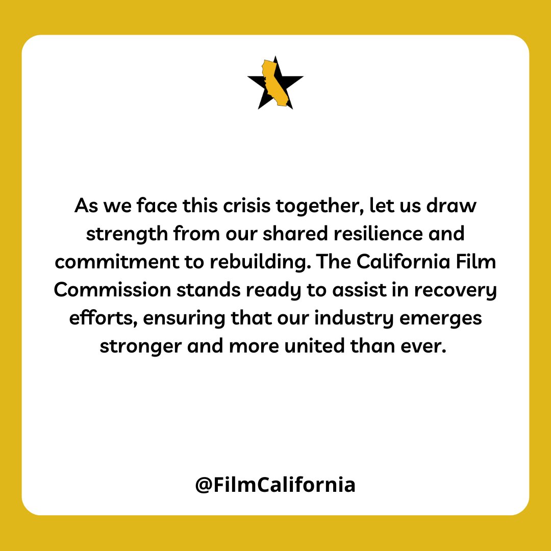 Production Alert: Statement from Colleen Bell, Director of the California Film Commission 

Production Alert: mailchi.mp/film.ca.gov/co…

#productionalert #FilmCalifornia #wildfires #calfire #assistance