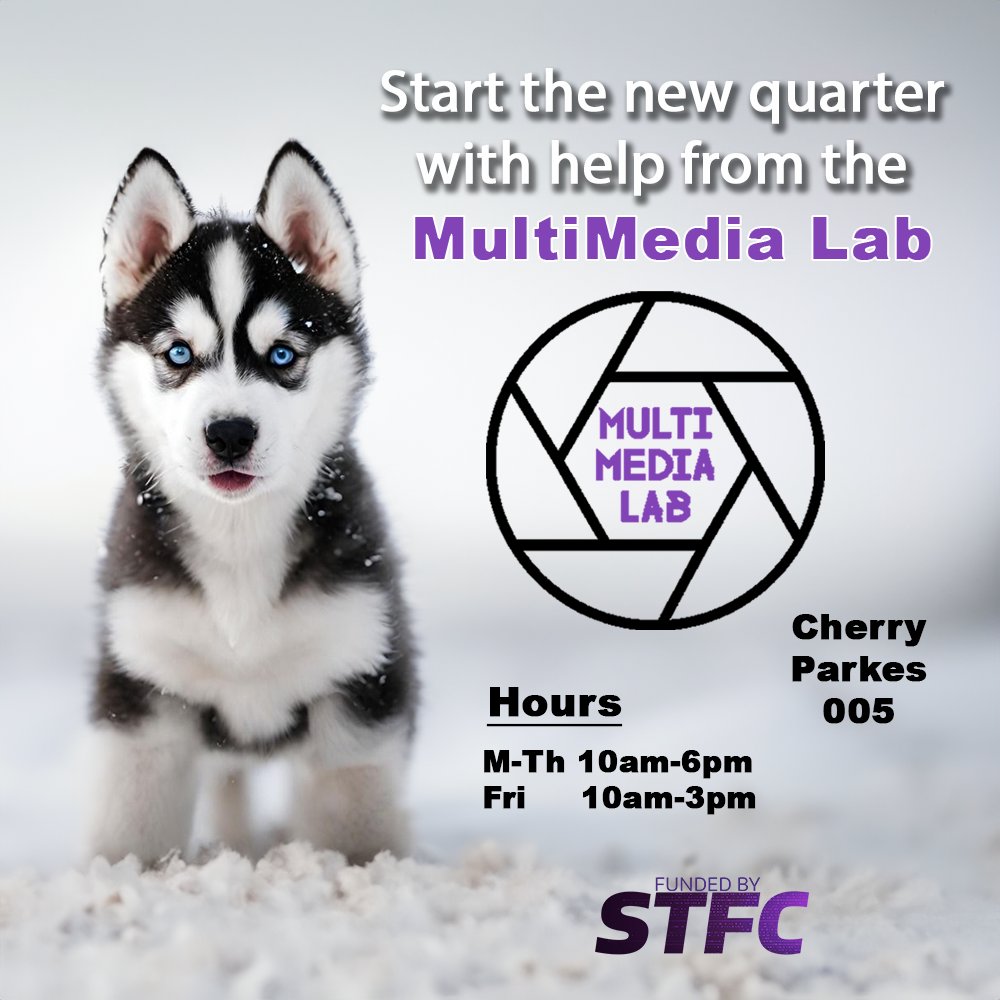 The Multimedia Lab has assistants standing by to work with you on your creative class assignments! We help with Photoshop, video planning and editing, posters, layout, graphics, Panopto, Canva, CapCut, slides, and a lot more. Come see us in CP 005!