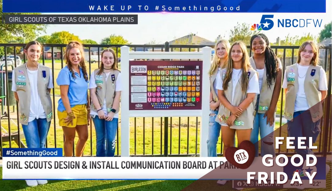 🌟FEEL GOOD FRIDAY UPDATE🌟
Girl Scout Troop 3412’s non-verbal communication board at Cedar Ridge Park was featured on NBC DFW's Wake Up to Something Good! 

Their cookie sales funded this Girl Scout Silver Award project, making the park more inclusive for all. 
#InclusionMatters