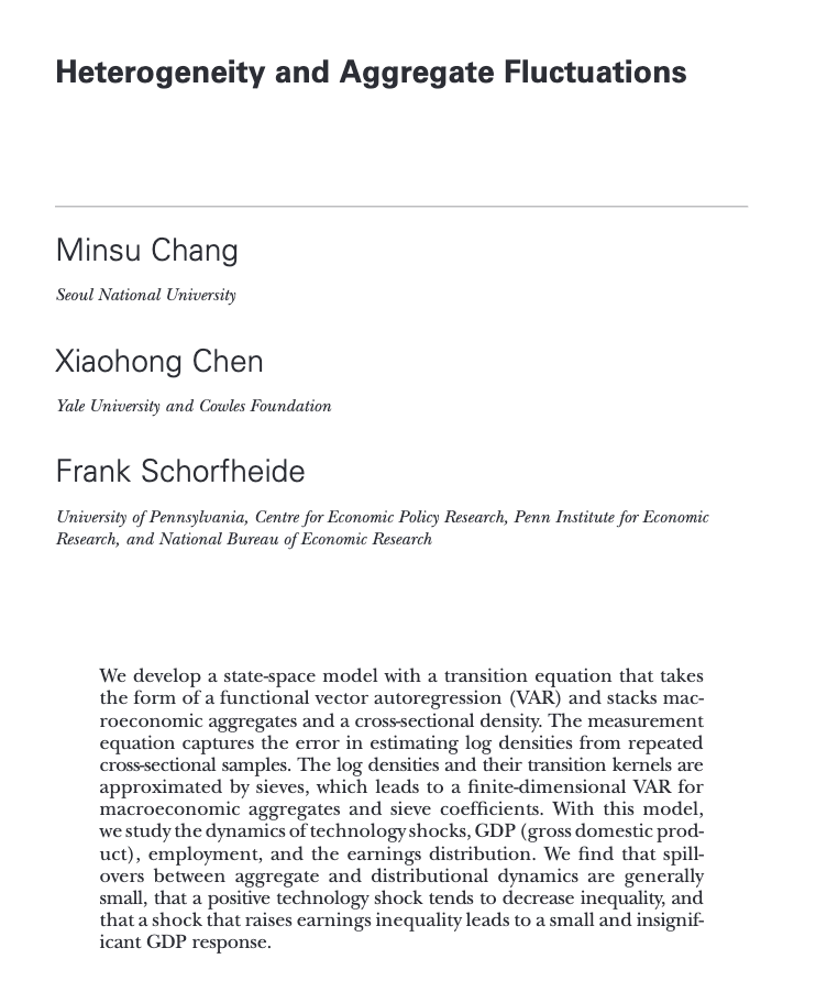 NEW in <a href="/JPolEcon/">JPE</a>: "Heterogeneity and Aggregate Fluctuations"

By Minsu Chang, Xiaohong Chen, &amp; Frank Schorfheide: economics.yale.edu/research/cfp-1…