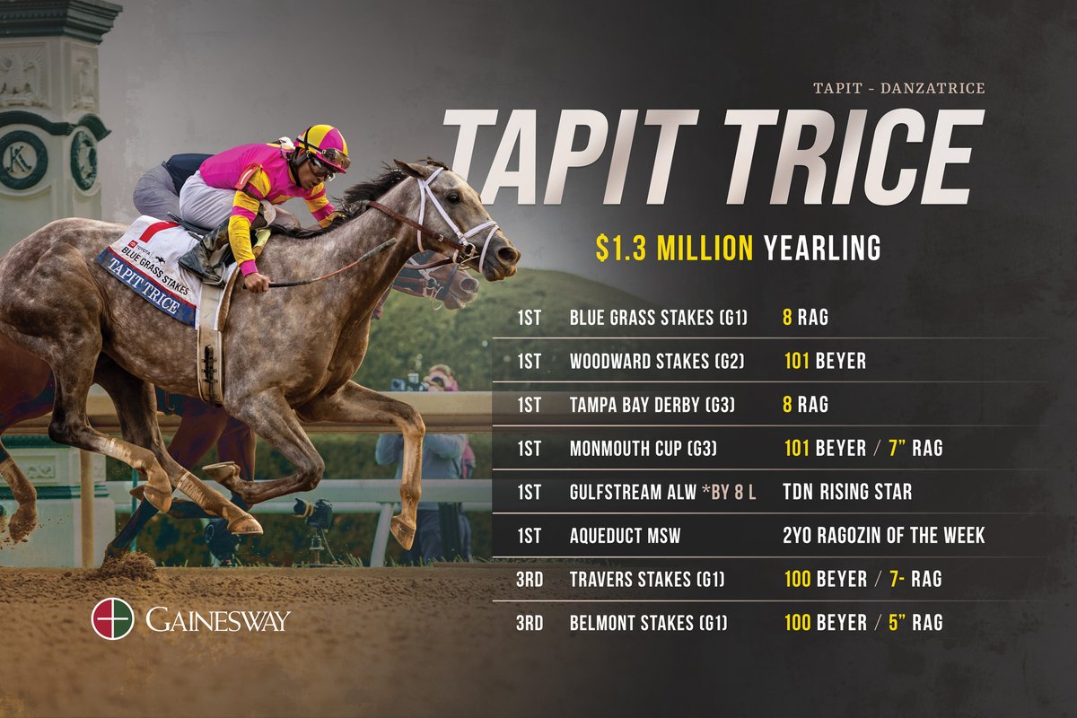TAPIT TRICE – By the NUMBERS!

⭐️ Grade 1 Winner
⭐️ $1.3 Million Yearling
⭐️ Accomplished Resumé

New for 2025 👉 gainesway.com/stallions/tapi…