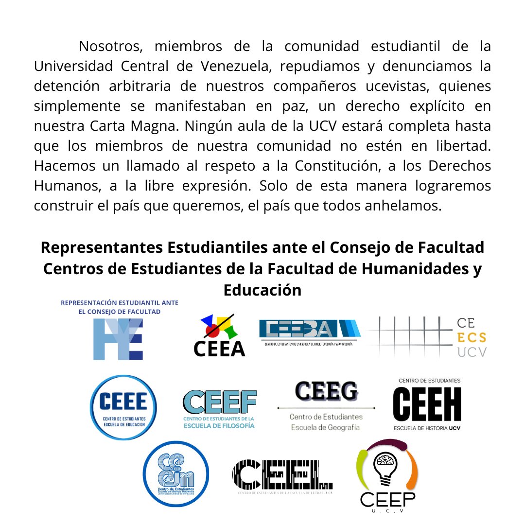 Buenas tardes, EIMistas. 

Fijamos nuestra posición ante los últimos acontecimientos del país. Como Representantes Estudiantiles, humanistas, ucevistas y, principalmente, como venezolanos, rechazamos todo aquel acto que represente una violación a nuestros derechos.