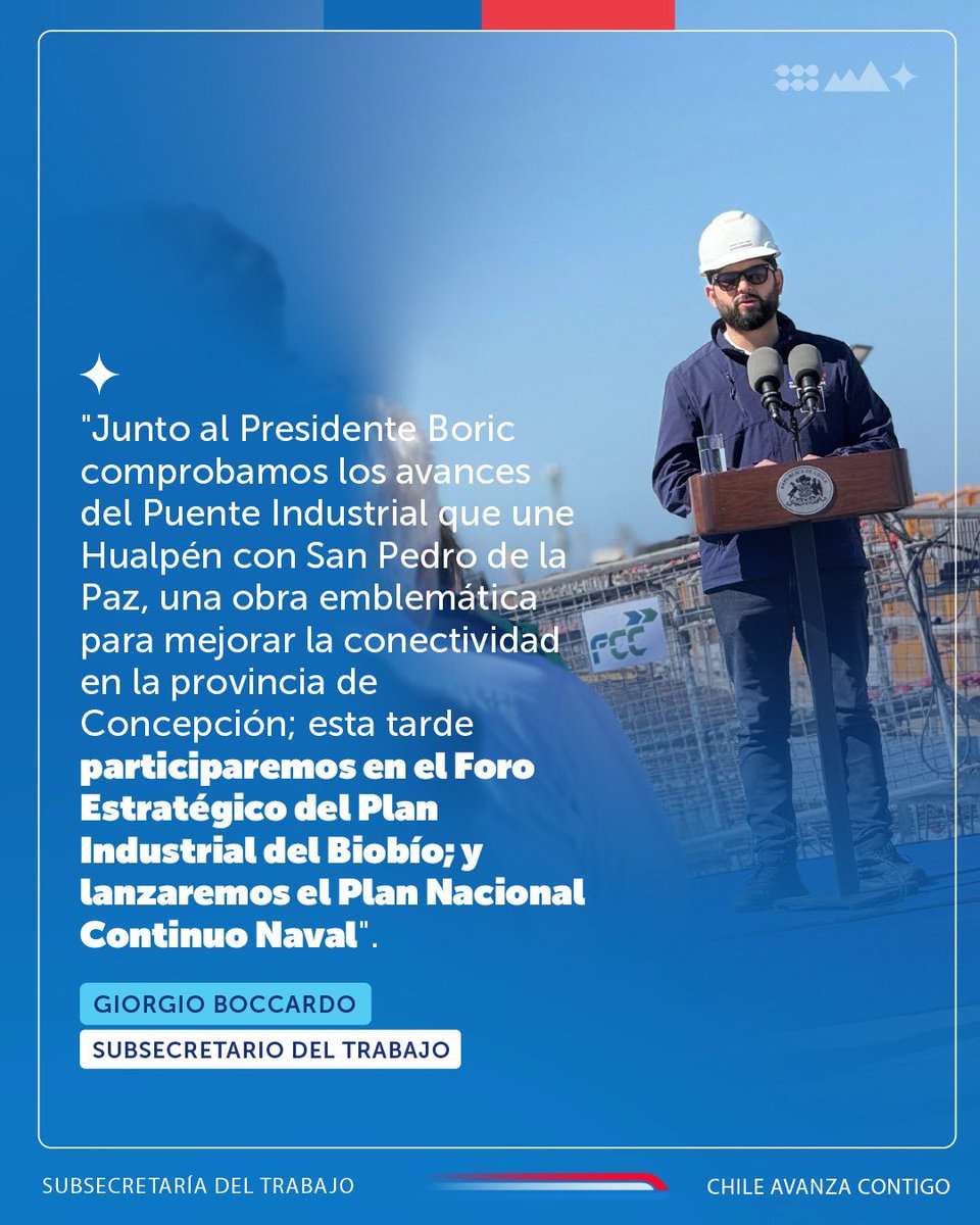 Giorgio Boccardo Bosoni (@gboccardobosoni) on Twitter photo Junto al Presidente <a href="/GabrielBoric/">Gabriel Boric Font</a> en la Región del Biobío recorrimos la construcción del Puente Industrial, ahora revisamos el Plan de Fortalecimiento Industrial y la efectividad de las medidas para la protección laboral y creación de nuevos empleos. Junto al Presidente <a href="/GabrielBoric/">Gabriel Boric Font</a> en la Región del Biobío recorrimos la construcción del Puente Industrial, ahora revisamos el Plan de Fortalecimiento Industrial y la efectividad de las medidas para la protección laboral y creación de nuevos empleos.