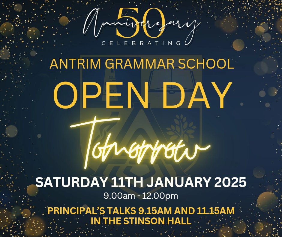 The wait is almost over!

Antrim Grammar School’s Open Day is happening tomorrow morning, and we’re excited to celebrate 50 years of educating for life with you.  

Parking is available in our school car park and at Steeple Nursery’s car park.