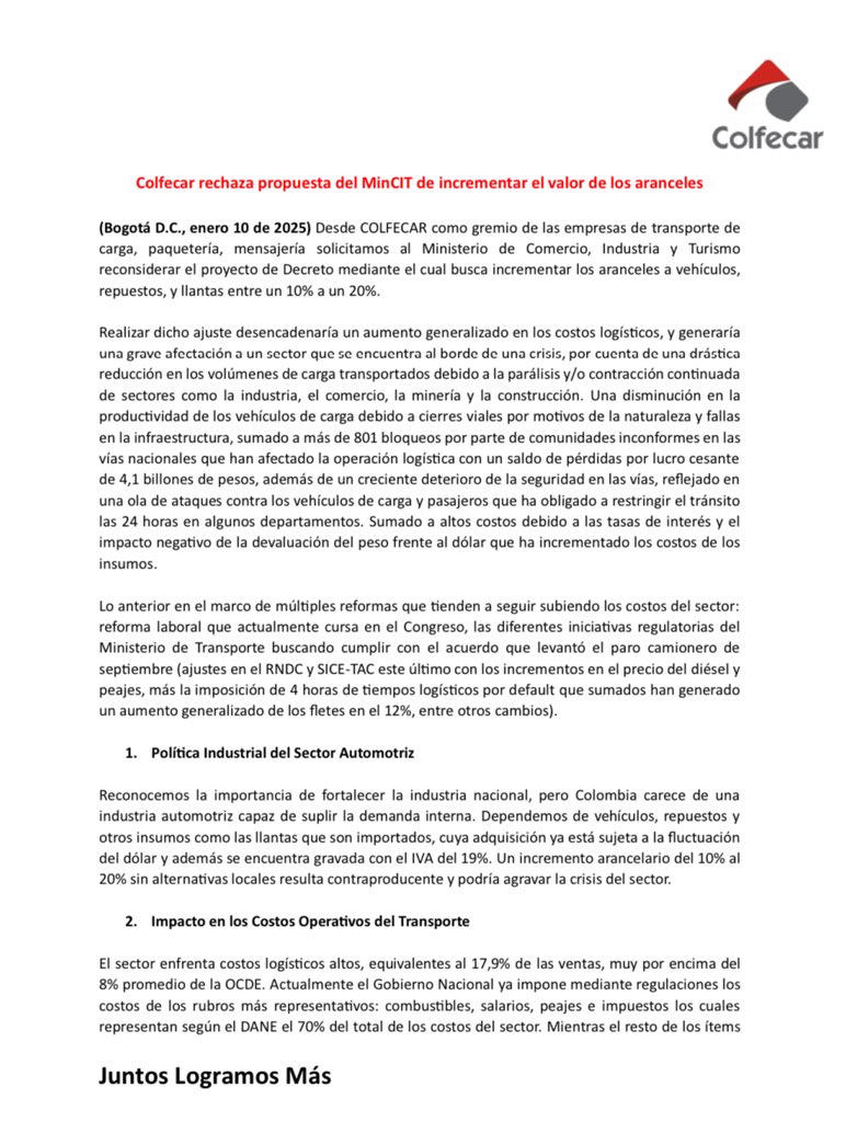Colfecar's tweet photo. #ComunicadoDePrensa 
Colfecar rechaza propuesta del MinCIT de incrementar el valor de los aranceles https://t.co/Bh8h0st9yE