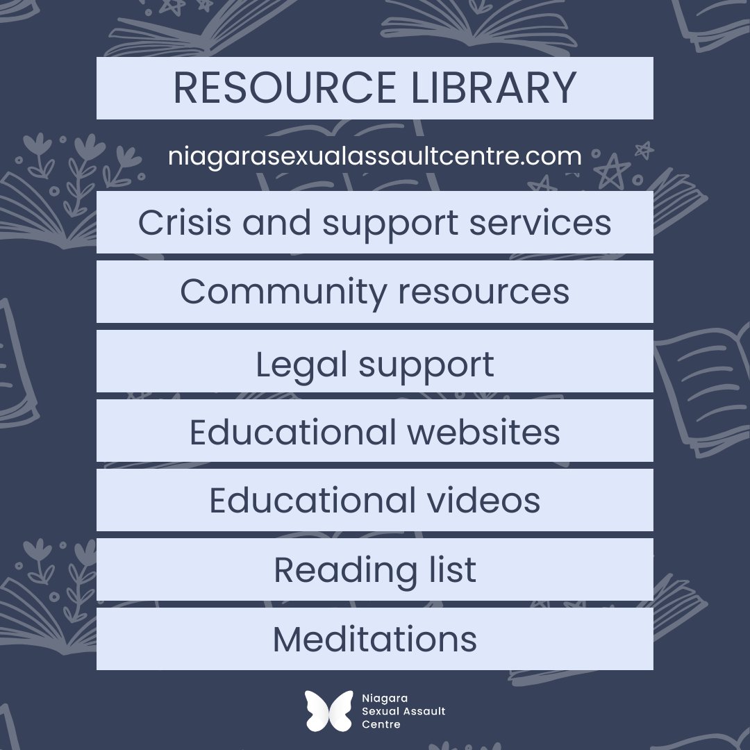 NIAGARA_SAC's tweet image. 📚 Explore our Resource Library for support &amp;amp; tools:
✨ Crisis services
✨ Legal &amp;amp; community resources
✨ Educational websites &amp;amp; videos
✨ Meditations &amp;amp; more

Visit niagarasexualassaultcentre.com for resources that empower. 💙 #SupportSurvivors #ResourceLibrary