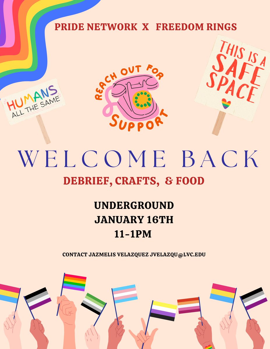 bishop_library's tweet image. The Pride Network &amp;amp; Freedom Rings will be hosting a Welcome Back Debrief, Crafts, &amp;amp; Food drop-in on Thursday, January 16 from 11 a.m.-1 p.m. in the Underground. Students, staff, and faculty are welcome.  
*
*
#golvc #librariesrock #pride #safespace #support