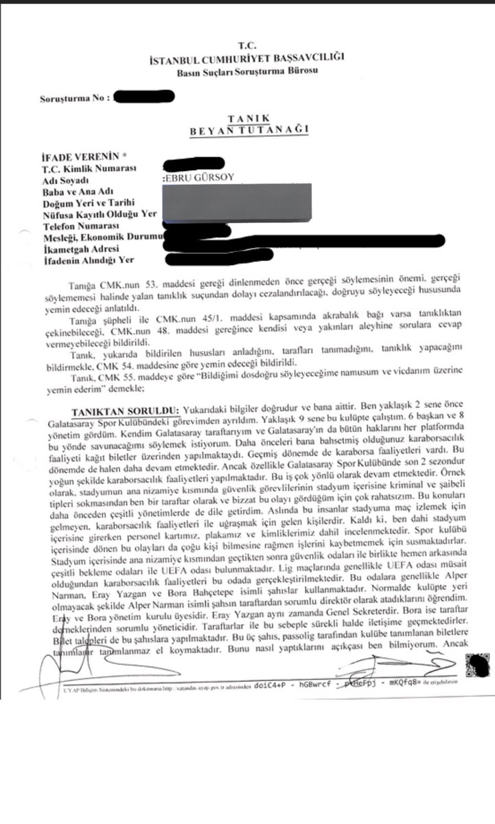 Dear Uefa and Club Financial Control Body; 

In her testimony to the public prosecutor's office, Ebru Gürsoy, who worked at Galatasaray Sports Club for seven years, confirmed the allegations that Galatasaray sold tickets on the black market 

In her attached testimony to the