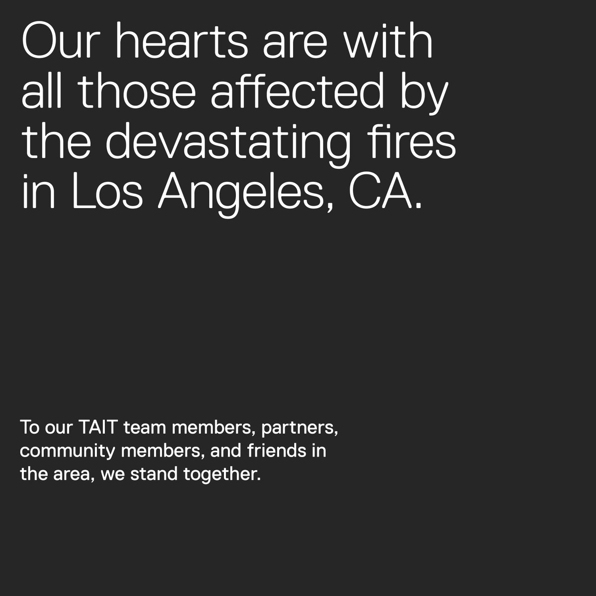 TAIT (@taittowers) on Twitter photo We encourage those that are looking to take action to join us in contributing to the <a href="/CAFireFound/">CA Fire Foundation</a> cafirefoundation.org. As our team prepares relief kits, in addition to much needed supplies we will be packing them with love, hope and strength for those impacted. We encourage those that are looking to take action to join us in contributing to the <a href="/CAFireFound/">CA Fire Foundation</a> cafirefoundation.org. As our team prepares relief kits, in addition to much needed supplies we will be packing them with love, hope and strength for those impacted.
