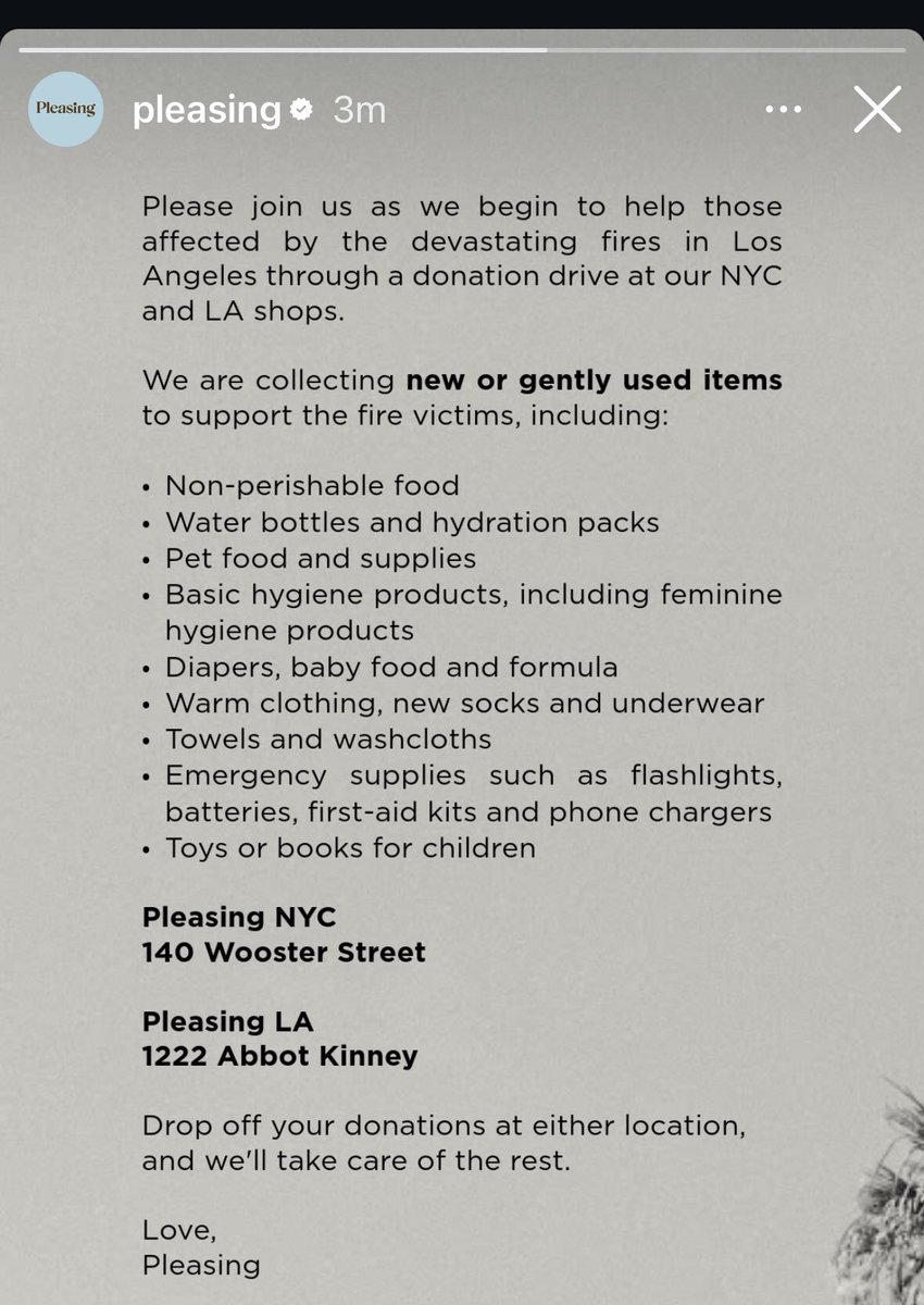 Pleasing is collecting donations to support the fire victims in their L.A &amp; NYC shops x ❤️