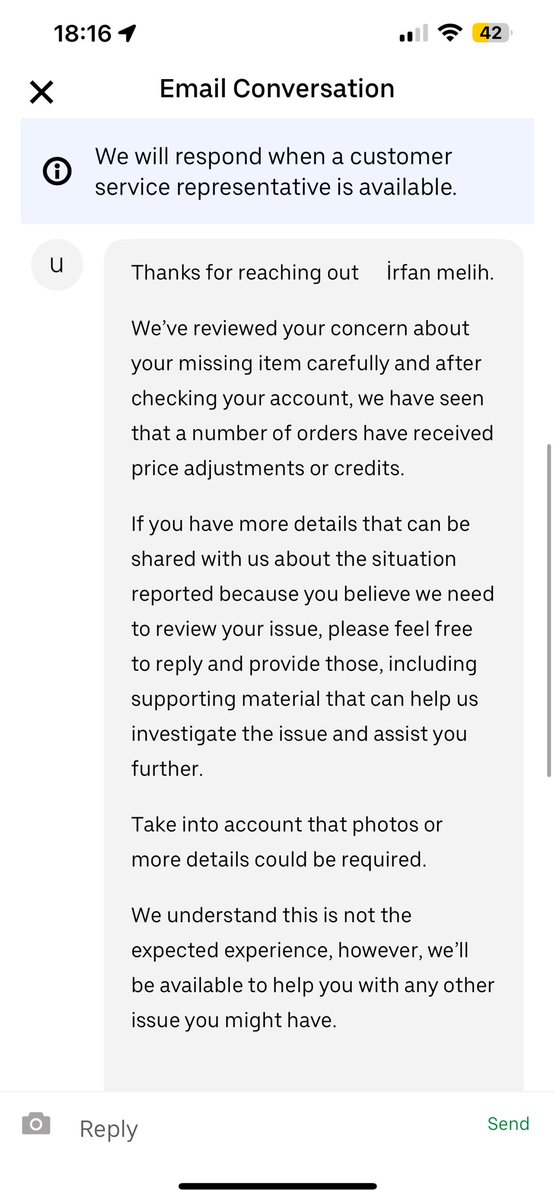 IremBalcioglu's tweet photo. This is ridiculous @UberEats , recently one of my orders had an expired milk and I had no price adjustments or refunds for that and now my order was missing a full box of 12 doughnuts but still this is the response I get!!! https://t.co/JJZWGwiOKS
