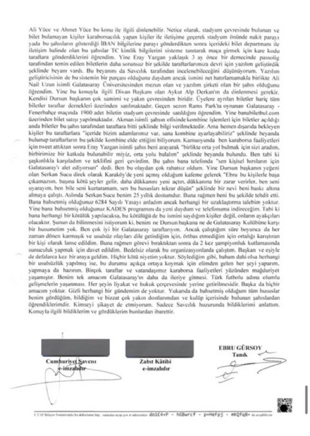 Dear Uefa and Club Financial Control Body; 

In her testimony to the public prosecutor's office, Ebru Gürsoy, who worked at Galatasaray Sports Club for seven years, confirmed the allegations that Galatasaray sold tickets on the black market 

In her attached testimony to the