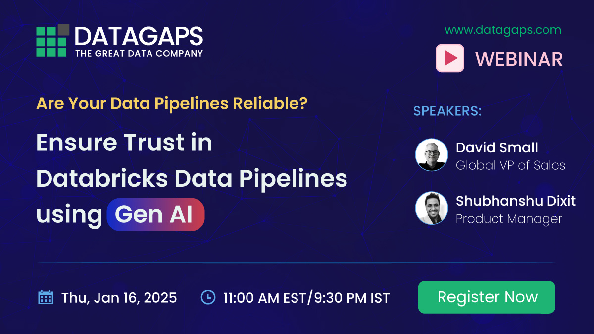 DatagapsTeam's tweet photo. Unreliable pipelines don’t just slow you down but cost you millions. Join #Datagaps webinar to learn how #GenAIpowered #TestingAutomation can ensure trust, reliability, &operational efficiency in #Databricks pipelines: https://t.co/dbOuwJYqqf https://t.co/TpPrh8mDH9