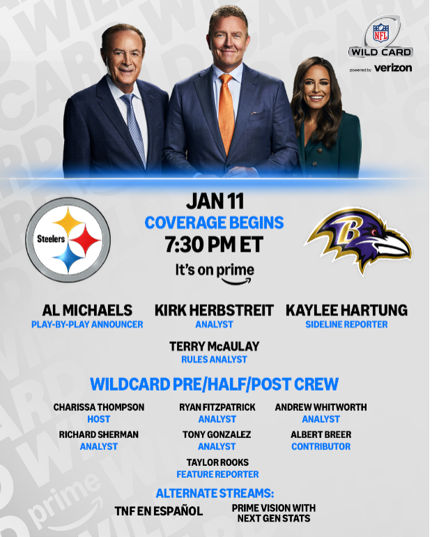 PrimeVideoSportsPR (@primesportspr) on Twitter photo TOMORROW, <a href="/PrimeVideo/">Prime Video</a> will present its inaugural <a href="/NFL/">NFL</a> Wild Card Playoff game.
Who's ready?!
🏈 <a href="/Ravens/">Baltimore Ravens</a> vs. <a href="/steelers/">Pittsburgh Steelers</a>
🎙️ <a href="/CharissaT/">Charissa Thompson</a>, <a href="/TonyGonzalez88/">Tony Gonzalez</a>, <a href="/AndrewWhitworth/">Andrew Whitworth</a>, <a href="/RSherman_25/">Richard Sherman</a> & <a href="/FitzMagic_14/">Ryan Fitzpatrick</a>
📺 7:30PM ET, <a href="/PrimeVideo/">Prime Video</a> TOMORROW, <a href="/PrimeVideo/">Prime Video</a> will present its inaugural <a href="/NFL/">NFL</a> Wild Card Playoff game.
Who's ready?!
🏈 <a href="/Ravens/">Baltimore Ravens</a> vs. <a href="/steelers/">Pittsburgh Steelers</a>
🎙️ <a href="/CharissaT/">Charissa Thompson</a>, <a href="/TonyGonzalez88/">Tony Gonzalez</a>, <a href="/AndrewWhitworth/">Andrew Whitworth</a>, <a href="/RSherman_25/">Richard Sherman</a> & <a href="/FitzMagic_14/">Ryan Fitzpatrick</a>
📺 7:30PM ET, <a href="/PrimeVideo/">Prime Video</a>