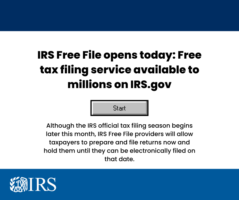 CashRochester's tweet photo. Starting today the IRS Free File will begin accepting individual tax returns. Millions of taxpayers nationwide can access free software tools offered by trusted IRS Free File partners by visiting https://t.co/IfXARRnLrE
#FreeFile #IRS #taxtip https://t.co/Vkg70i7Fro