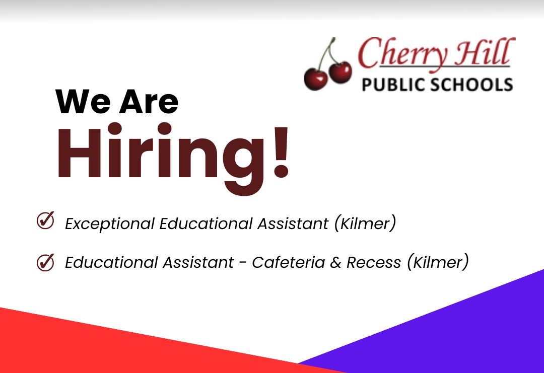 WE are hiring for two positions at Kilmer Elementary!

Exceptional Educational Assistant:
applitrack.com/cherryhill/onl…

Educational Assistant - Cafeteria &amp; Recess:
applitrack.com/cherryhill/onl…