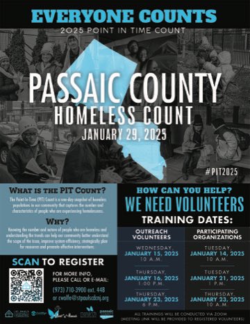 The 2025 Passaic County Point-In-Time Count will take place on Wednesday, January 29th. PC-DHS &amp; PCICH are seeking volunteers to assist with the surveying of sheltered and unsheltered persons experiencing homelessness. 
 
To Register: bit.ly/PC-PIT2025

#PIT2025