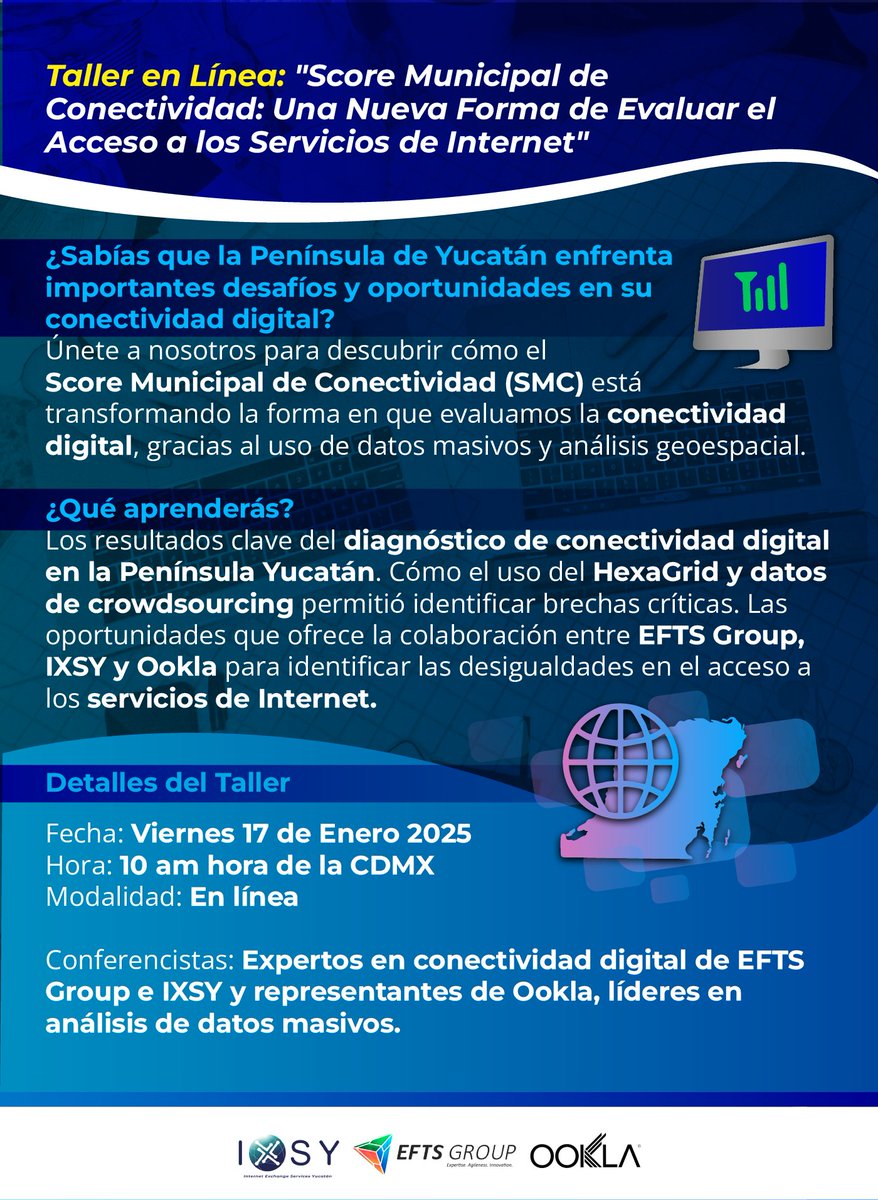 🌐 ¡No te pierdas este importante taller sobre conectividad!

📅 Viernes 17 de enero de 2025
🕒 10:00am hora de la CDMX

🚨 Próximamente les compartiremos los detalles de registro al taller, ¡Manténganse pendientes! 🚨

#ConectividadDigital #DatosMasivos #TransformaciónDigital