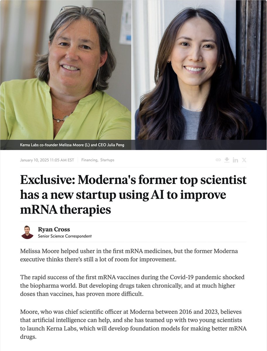 Kerna Labs (@kernalabs) on Twitter photo Excited to share our official launch, featured exclusively in <a href="/endpts/">Endpoints News</a>, by <a href="/RLCscienceboss/">Ryan Cross the Science Boss</a>! Hear from our cofounders <a href="/AmitDeshwar/">Amit Deshwar</a>, <a href="/juliapeng__/">Julia Peng</a>, and Melissa J. Moore on how we're using AI foundation models to create better, more durable mRNAs - and open up new therapeutic Excited to share our official launch, featured exclusively in <a href="/endpts/">Endpoints News</a>, by <a href="/RLCscienceboss/">Ryan Cross the Science Boss</a>! Hear from our cofounders <a href="/AmitDeshwar/">Amit Deshwar</a>, <a href="/juliapeng__/">Julia Peng</a>, and Melissa J. Moore on how we're using AI foundation models to create better, more durable mRNAs - and open up new therapeutic