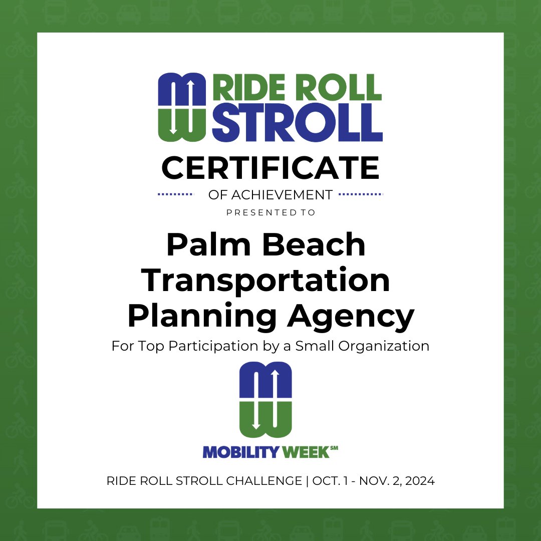 Palm Beach TPA (@palmbeachtpa) on Twitter photo The Palm Beach TPA is proud to announce that we've topped the leaderboard for Small Organization participation in the 2024 Ride Roll Stroll Challenge for <a href="/MyFDOT/">FLORIDA DOT</a> Mobility Week!
Our team recorded 235 transit, bike, walk, and carpool trips. Together, we’re making strides toward a The Palm Beach TPA is proud to announce that we've topped the leaderboard for Small Organization participation in the 2024 Ride Roll Stroll Challenge for <a href="/MyFDOT/">FLORIDA DOT</a> Mobility Week!
Our team recorded 235 transit, bike, walk, and carpool trips. Together, we’re making strides toward a