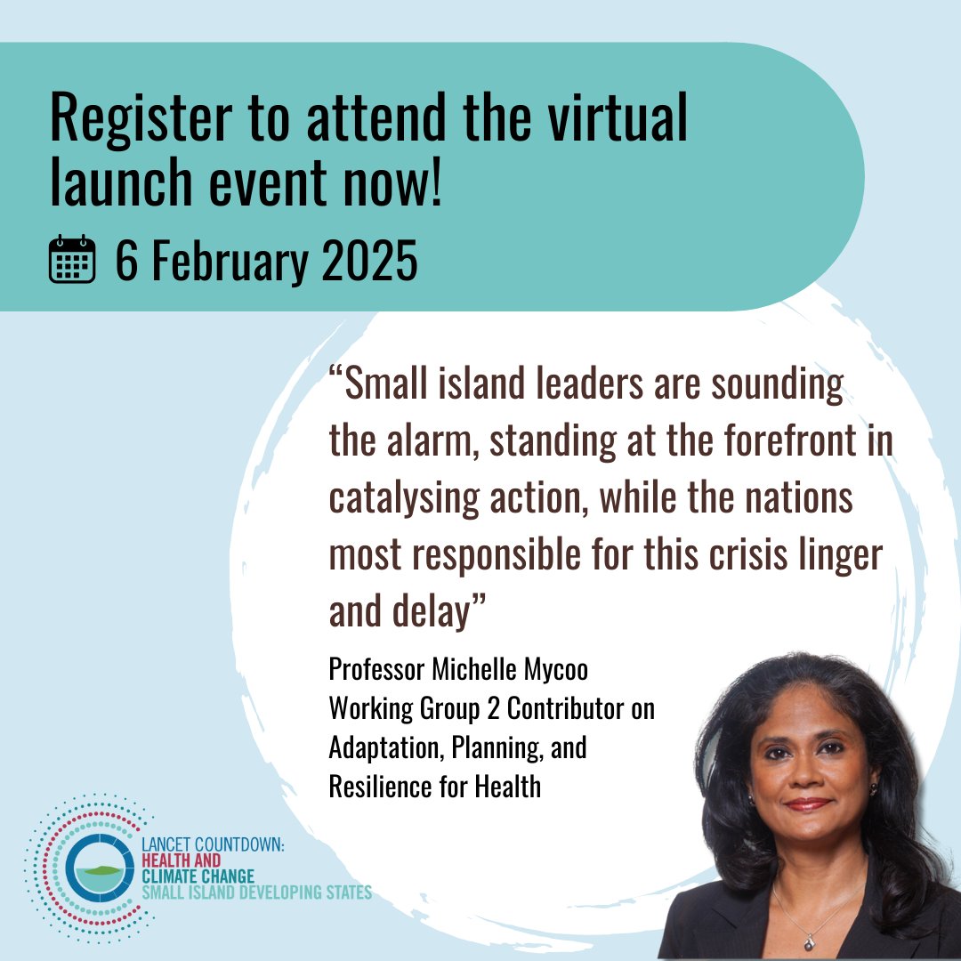 The Lancet Countdown on Health and Climate Change (@lancetcountdown) on Twitter photo 🚨 Out now: First comprehensive study on health and climate change in Small Island Developing States <a href="/Countdown_SIDS/">Lancet Countdown Small Island Developing States</a>
Register now to join the launch event ⬇️
📆 6 February 2025
⏰ 16:30 EST (Jamaica)
lancetcountdown.org/news/out-now-f… 🚨 Out now: First comprehensive study on health and climate change in Small Island Developing States <a href="/Countdown_SIDS/">Lancet Countdown Small Island Developing States</a>
Register now to join the launch event ⬇️
📆 6 February 2025
⏰ 16:30 EST (Jamaica)
lancetcountdown.org/news/out-now-f…