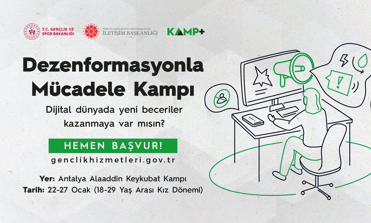 Kamp+ Dezenformasyonla Mücadele Kampı başlıyor!📢

İletişim Başkanlığı <a href="/dmmiletisim/">Dezenformasyonla Mücadele Merkezi</a> ortaklığında düzenlenen kamp programının içeriği gençler için özel olarak planlandı.🖋️

Dijital becerileri geliştirmek, doğru ve eksiksiz bilgiye erişime dair farkındalığı artırmak için