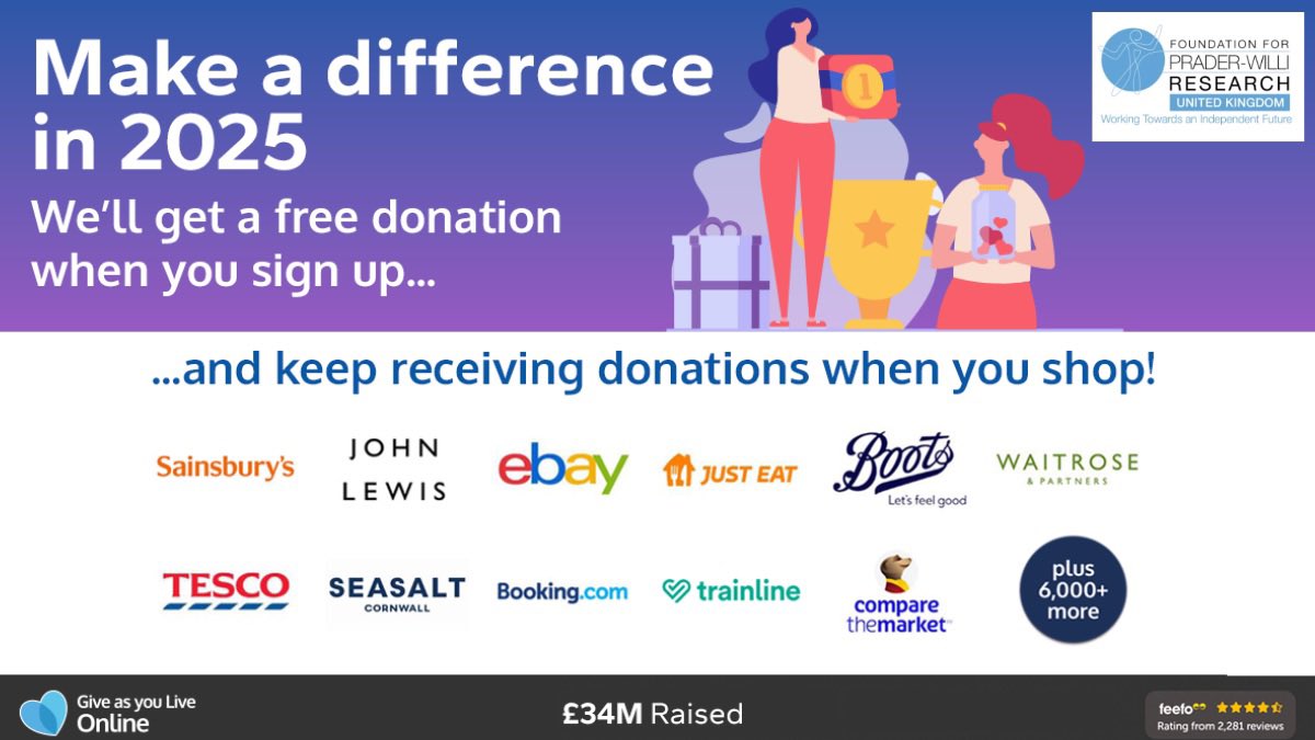 Foundation for Prader Willi Research UK (@fpwruk) on Twitter photo Do you support us on <a href="/giveasyoulive/">Give as you Live 💙❤️💚</a> ? It's completely free, and if you sign up before 28th Feb we'll receive a bonus free donation! Sign up today at link.fpwr.org.uk/giveasyoulive25 and please tell your friends and family to sign up too 🛒 Do you support us on <a href="/giveasyoulive/">Give as you Live 💙❤️💚</a> ? It's completely free, and if you sign up before 28th Feb we'll receive a bonus free donation! Sign up today at link.fpwr.org.uk/giveasyoulive25 and please tell your friends and family to sign up too 🛒