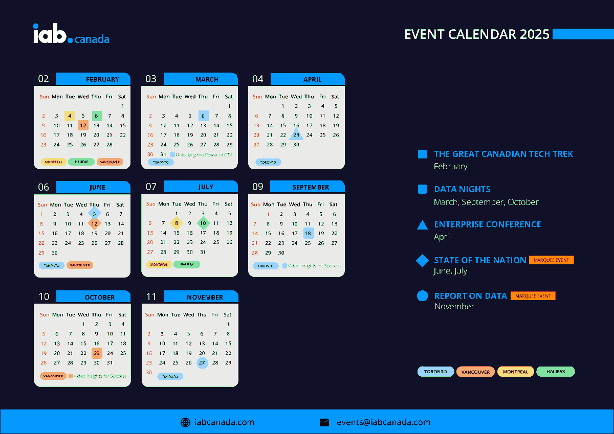 iabcanada's tweet image. IAB Canada&apos;s 2025 event lineup is here! Explore a year of exciting opportunities to connect, learn, and grow in the digital marketing industry.

Secure your seats NOW! hubs.ly/Q031nqVq0

#Enterprise #StateoftheNation #ReportonData #Toronto #Montreal #Halifax #Vancouver