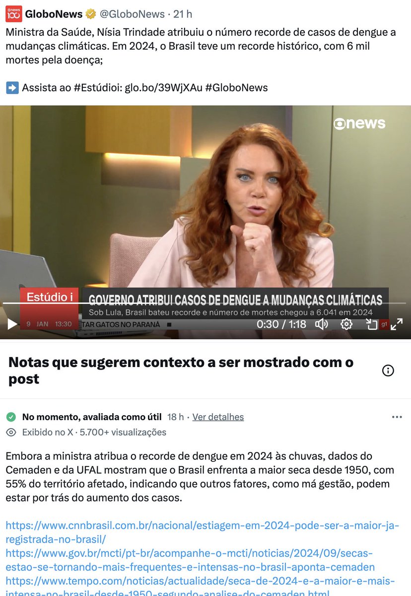Por que a mídia e o governo brasileiro não gostam das "Notas da Comunidade" e estão criticando tanto a Meta por querer fazer o mesmo no Facebook e Instagram?

Ministra da Saúde: "O nº de casos de dengue aumentou por causa das chuvas"

Notas da Comunidade: "O Brasil vive a pior